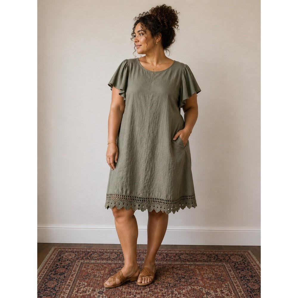 Saiph Lab 1X  Italy 100% Linen Dress Sage Green Flutter Sleeve Crochet Hem‎
